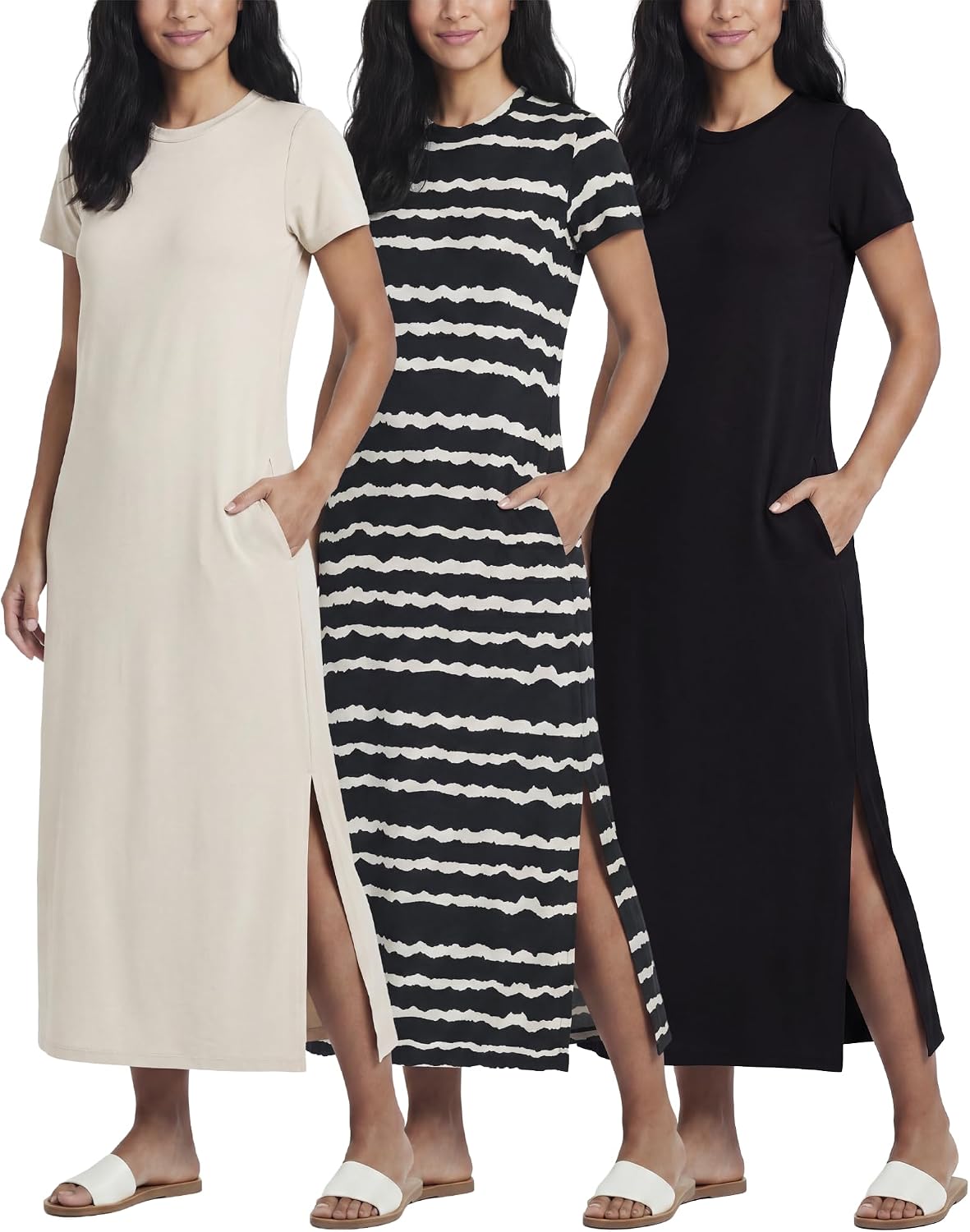 3 Pack Women’s Casual Short Sleeve Maxi T-Shirt Dress with Slit (Available in Plus Size)