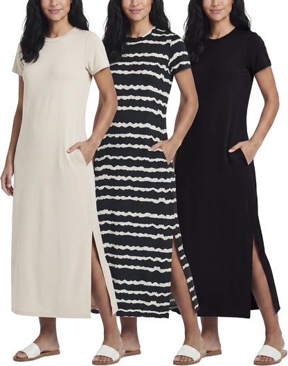3 Pack Women’s Casual Short Sleeve Maxi T-Shirt Dress with Slit (Available in Plus Size)