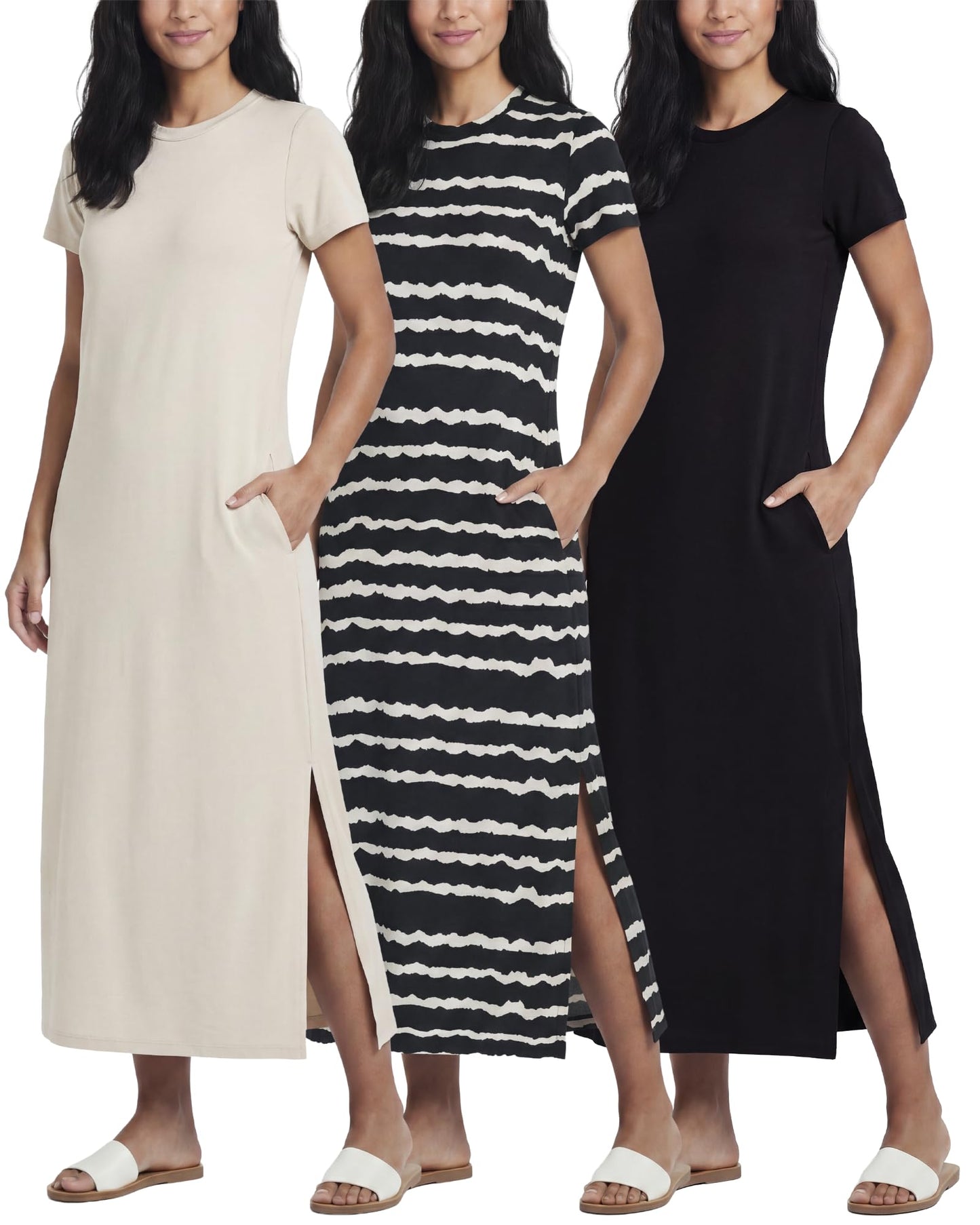 3 Pack Women’s Casual Short Sleeve Maxi T-Shirt Dress with Slit (Available in Plus Size)