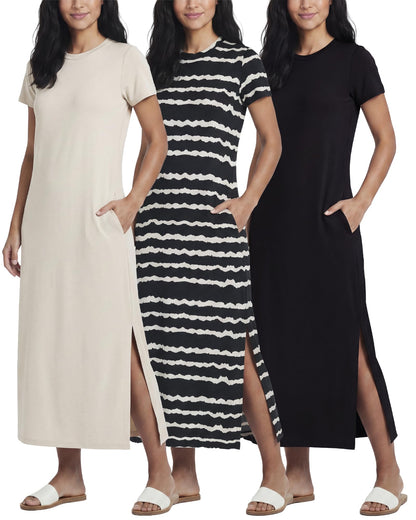 3 Pack Women’s Casual Short Sleeve Maxi T-Shirt Dress with Slit (Available in Plus Size)