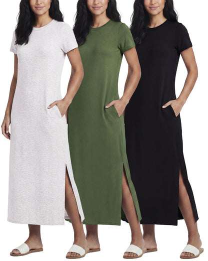 3 Pack Women’s Casual Short Sleeve Maxi T-Shirt Dress with Slit (Available in Plus Size)