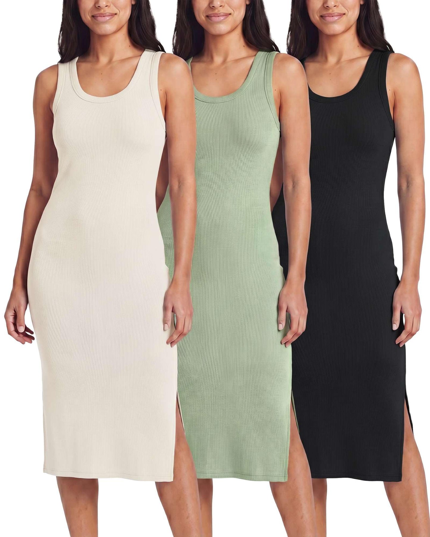 3 Pack Women's Sleeveless Midi Dresses Tank Shift Ribbed Knit Casual Slit | Casual, Work, Summer, Beach, Travel, Layering, Stretch, Dress, Sleeves, Length, Maxi; Soft, Breathable & Wrinkle Free