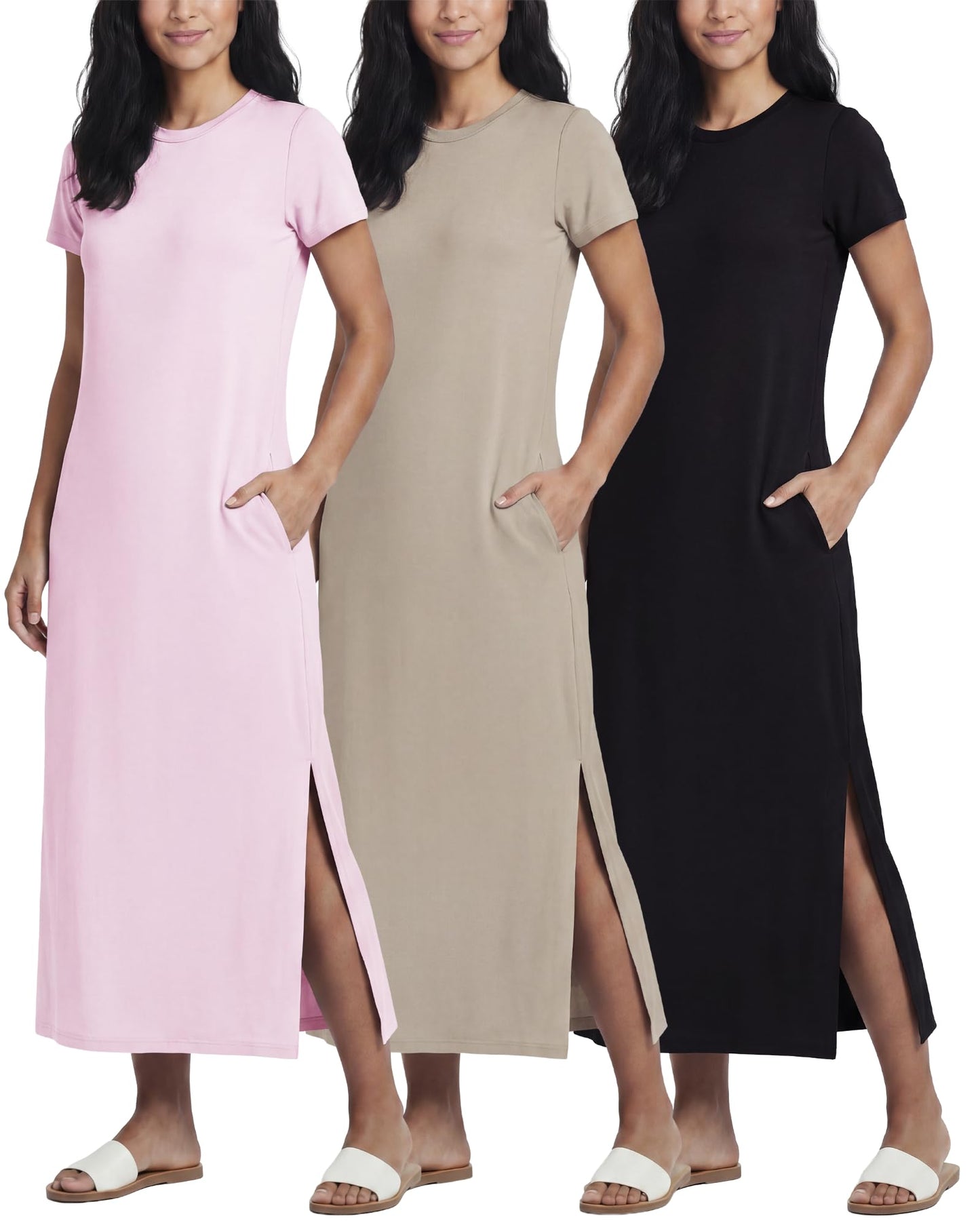 3 Pack Women’s Casual Short Sleeve Maxi T-Shirt Dress with Slit (Available in Plus Size)