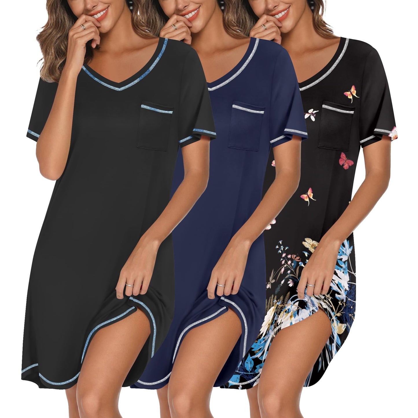 3 Pack Nightgowns for Women Short Sleeve Sleep Shirt Soft Sleepwear | T shirt Nightgown V Neck Nightshirts Soft Sleepwear Dress Ladies Pajama Dress Plus Size Sleeping Gown Comfy Nightdress