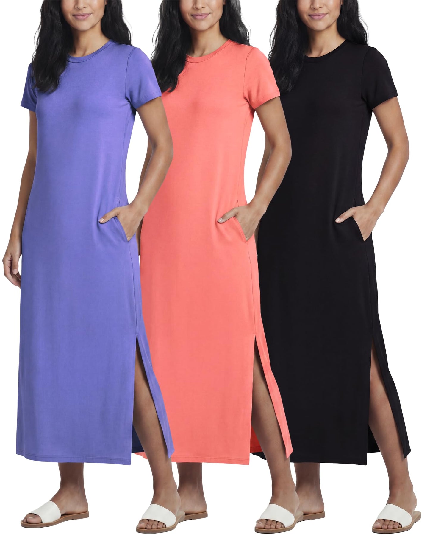 3 Pack Women’s Casual Short Sleeve Maxi T-Shirt Dress with Slit (Available in Plus Size)