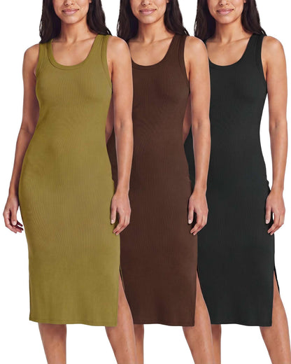 3 Pack Women's Sleeveless Midi Dresses Tank Shift Ribbed Knit Casual Slit | Casual, Work, Summer, Beach, Travel, Layering, Stretch, Dress, Sleeves, Length, Maxi; Soft, Breathable & Wrinkle Free