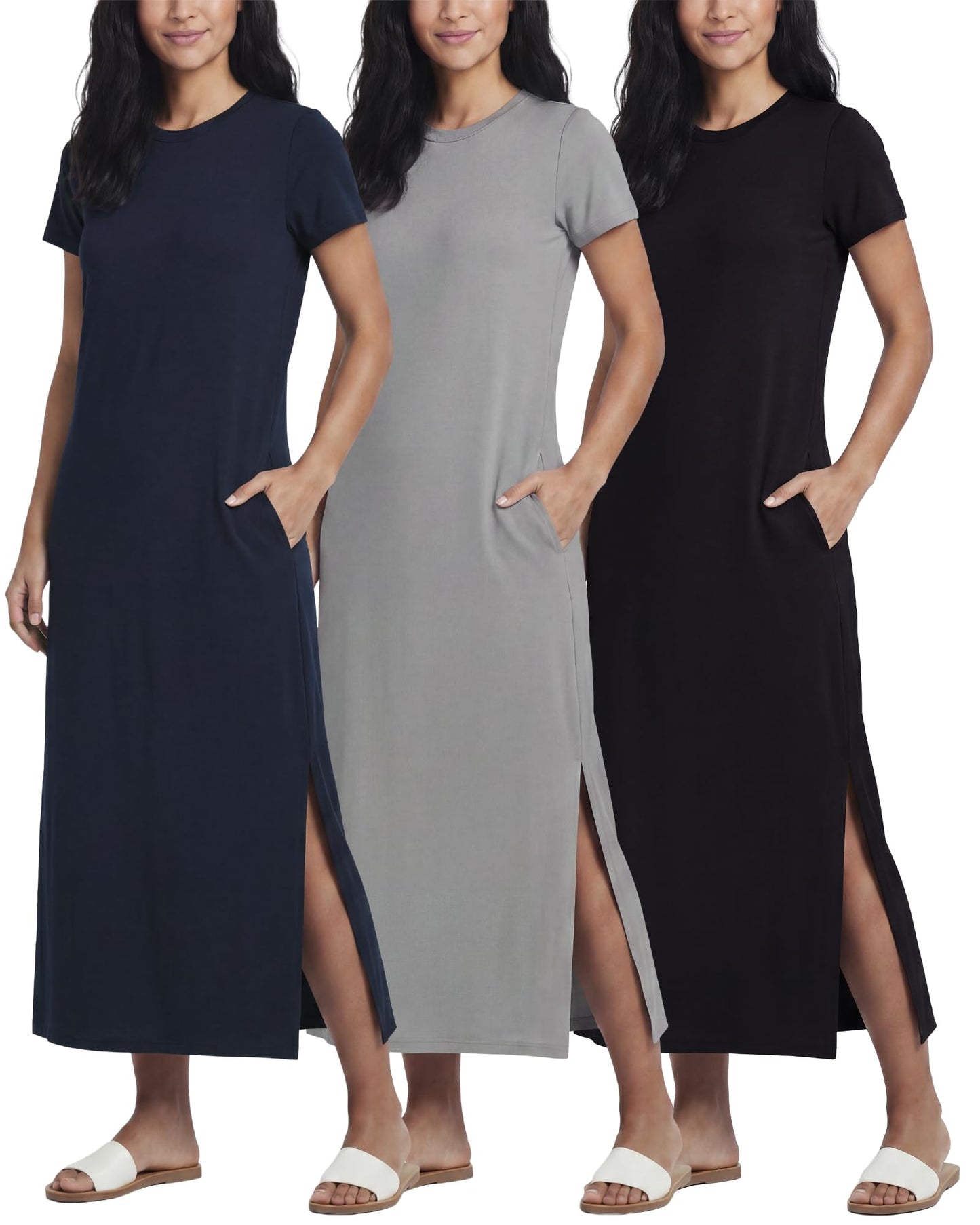 3 Pack Women’s Casual Short Sleeve Maxi T-Shirt Dress with Slit (Available in Plus Size)