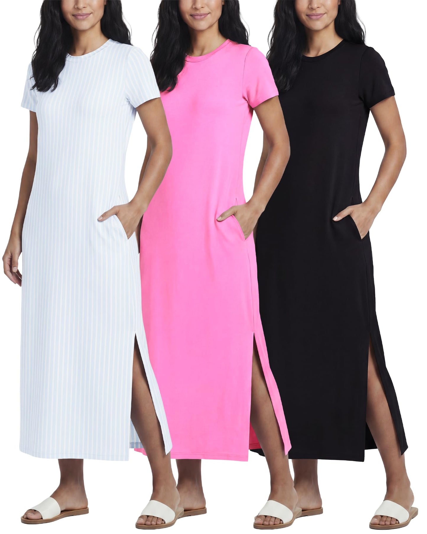 3 Pack Women’s Casual Short Sleeve Maxi T-Shirt Dress with Slit (Available in Plus Size)