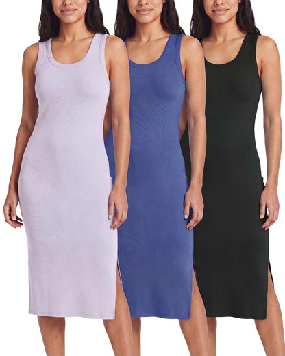3 Pack Women's Sleeveless Midi Dresses Tank Shift Ribbed Knit Casual Slit | Casual, Work, Summer, Beach, Travel, Layering, Stretch, Dress, Sleeves, Length, Maxi; Soft, Breathable & Wrinkle Free