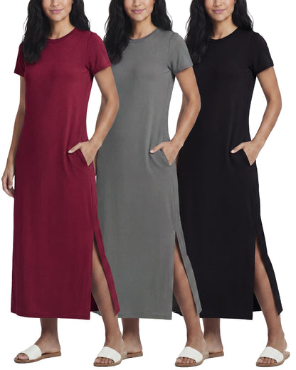 3 Pack Women’s Casual Short Sleeve Maxi T-Shirt Dress with Slit (Available in Plus Size)