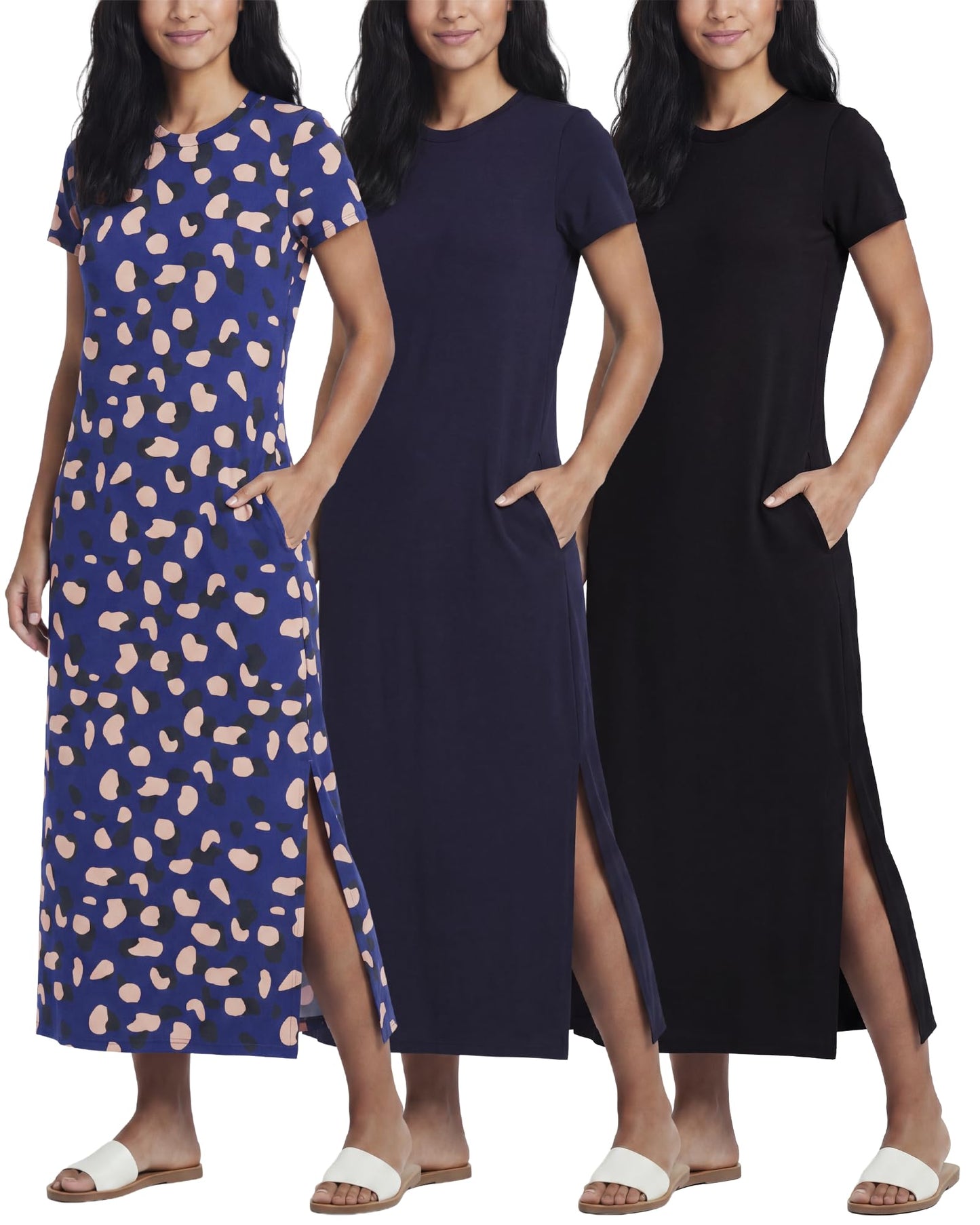 3 Pack Women’s Casual Short Sleeve Maxi T-Shirt Dress with Slit (Available in Plus Size)