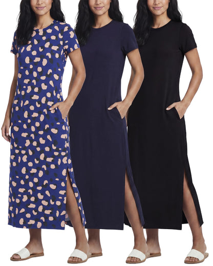 3 Pack Women’s Casual Short Sleeve Maxi T-Shirt Dress with Slit (Available in Plus Size)