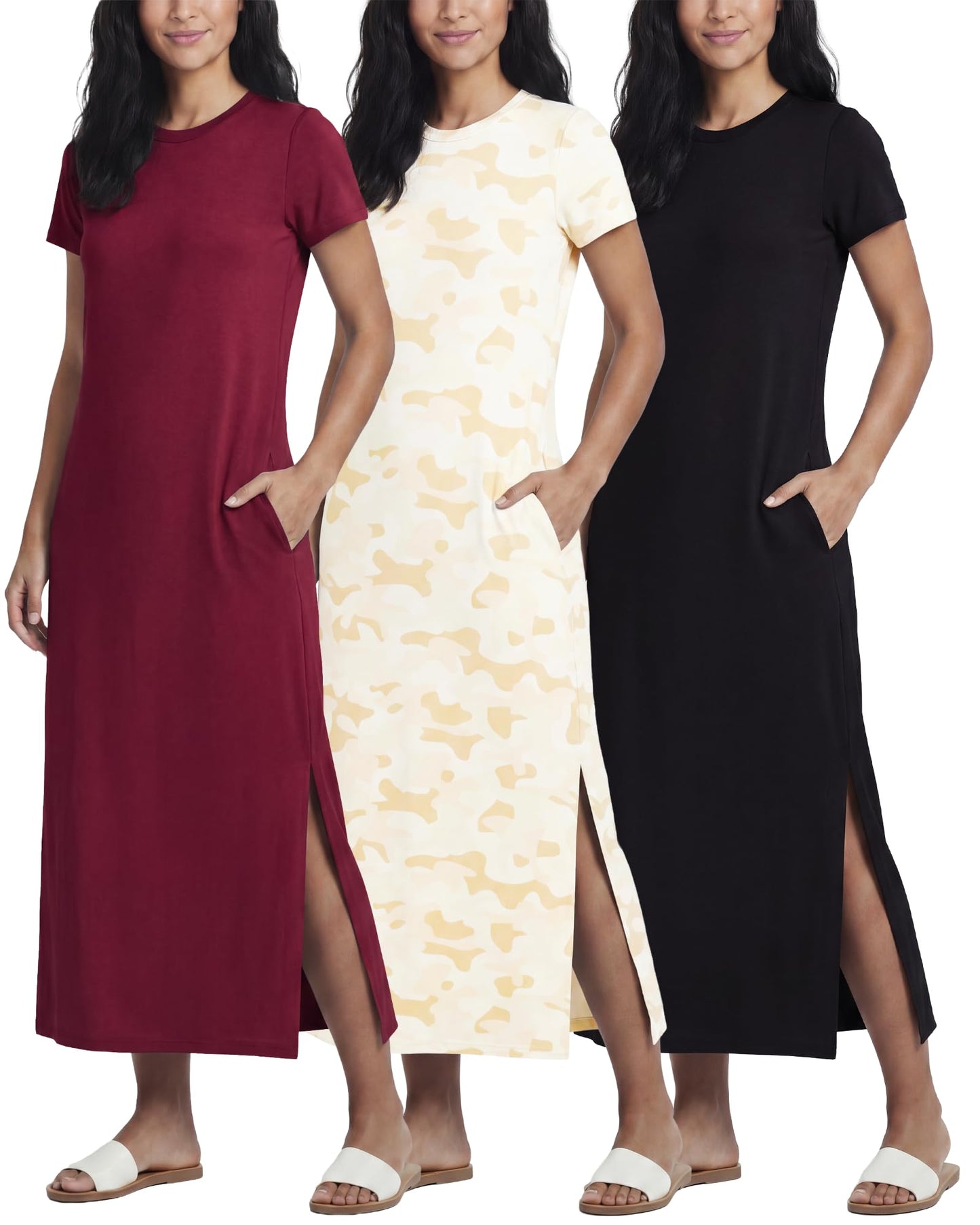 3 Pack Women’s Casual Short Sleeve Maxi T-Shirt Dress with Slit (Available in Plus Size)