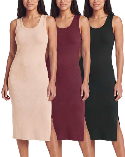 3 Pack Women's Sleeveless Midi Dresses Tank Shift Ribbed Knit Casual Slit | Casual, Work, Summer, Beach, Travel, Layering, Stretch, Dress, Sleeves, Length, Maxi; Soft, Breathable & Wrinkle Free