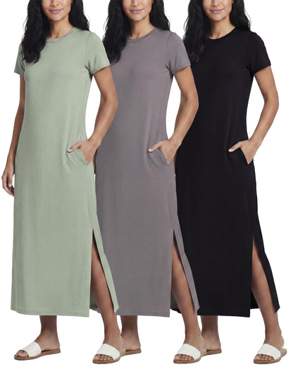3 Pack Women’s Casual Short Sleeve Maxi T-Shirt Dress with Slit (Available in Plus Size)