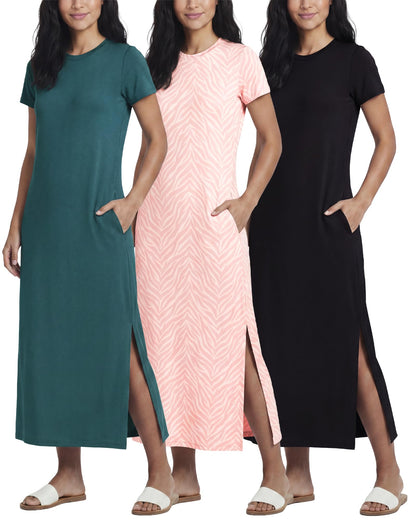 3 Pack Women’s Casual Short Sleeve Maxi T-Shirt Dress with Slit (Available in Plus Size)