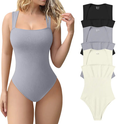 Women's 3 Piece Ribbed Bodysuits - Sexy Square Neck Sleeveless Tank Top Design - Stretchy  Soft Womenswear Underwear Lady Comfort Trendy,back to school,back to school shopping