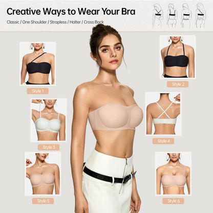 Womens Strapless Bras Push Up Bandeau Bra Non Slip Wireless Supportive Padded Bras Seamless Comfortable Tube Jelly Bra