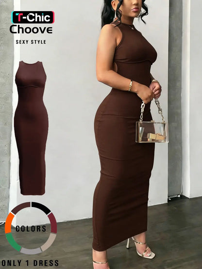 Women's Sexy Chic Round Neck Cutout Long Dress, Backless Criss Cross Design, Split Hem, High Stretch Fabric, Casual Sleeveless Dress Fit