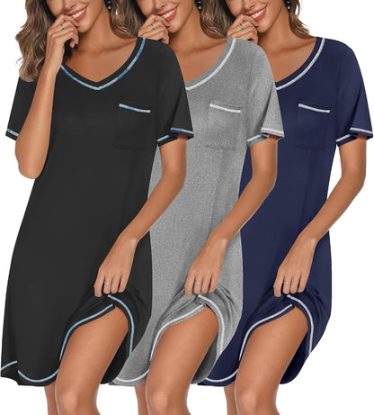 3 Pack Nightgowns for Women Short Sleeve Sleep Shirt Soft Sleepwear | T shirt Nightgown V Neck Nightshirts Soft Sleepwear Dress Ladies Pajama Dress Plus Size Sleeping Gown Comfy Nightdress