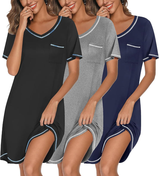 3 Pack Nightgowns for Women Short Sleeve Sleep Shirt Soft Sleepwear | T shirt Nightgown V Neck Nightshirts Soft Sleepwear Dress Ladies Pajama Dress Plus Size Sleeping Gown Comfy Nightdress