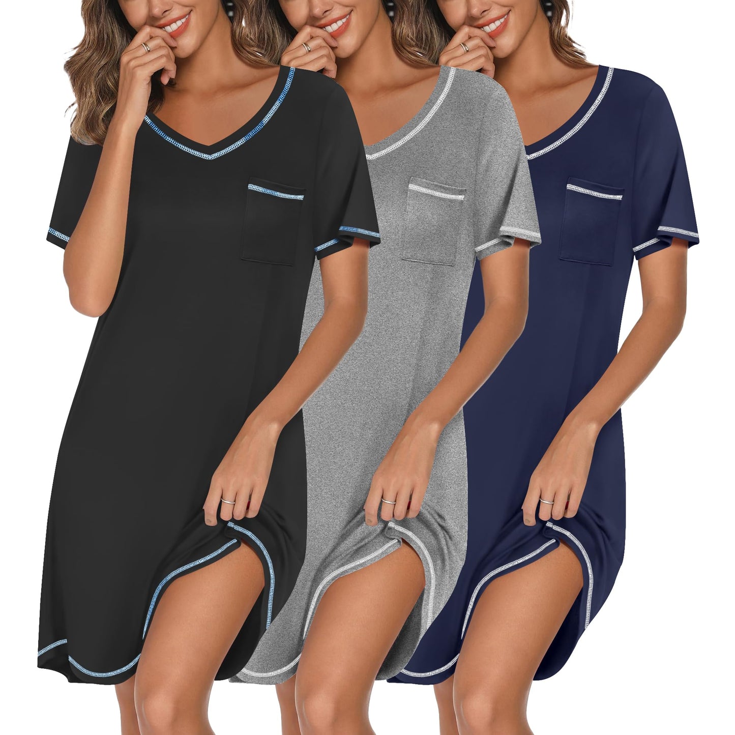 3 Pack Nightgowns for Women Short Sleeve Sleep Shirt Soft Sleepwear | T shirt Nightgown V Neck Nightshirts Soft Sleepwear Dress Ladies Pajama Dress Plus Size Sleeping Gown Comfy Nightdress