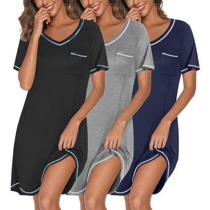 3 Pack Nightgowns for Women Short Sleeve Sleep Shirt Soft Sleepwear | T shirt Nightgown V Neck Nightshirts Soft Sleepwear Dress Ladies Pajama Dress Plus Size Sleeping Gown Comfy Nightdress