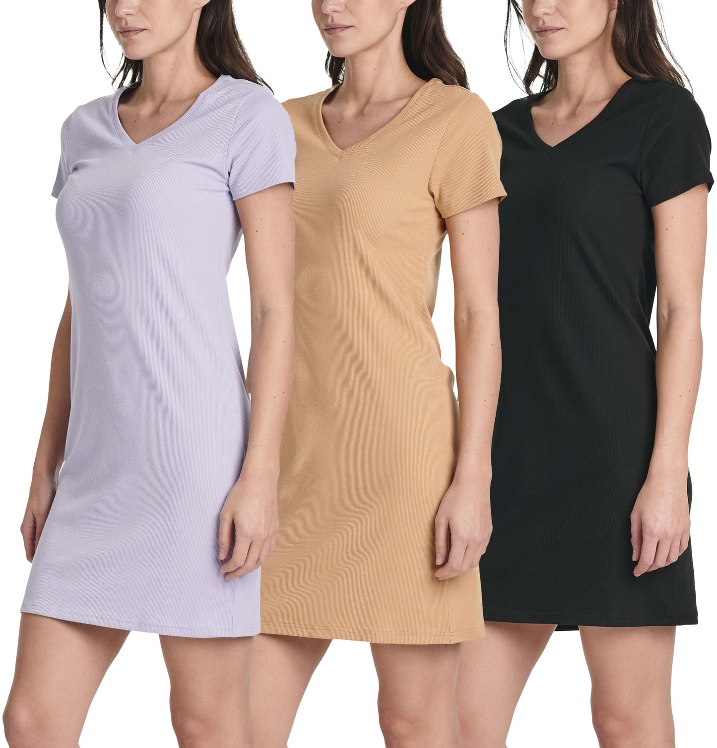 3 Pack: Women's Ribbed Knit Short-Sleeve V-Neck Swing T-Shirt Casual Dress (Available in Plus)