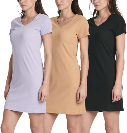 3 Pack: Women's Ribbed Knit Short-Sleeve V-Neck Swing T-Shirt Casual Dress (Available in Plus)