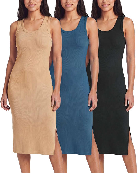 3 Pack Women's Sleeveless Midi Dresses Tank Shift Ribbed Knit Casual Slit | Casual, Work, Summer, Beach, Travel, Layering, Stretch, Dress, Sleeves, Length, Maxi; Soft, Breathable & Wrinkle Free