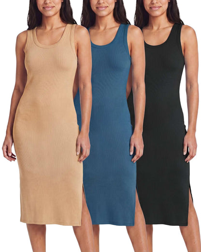 3 Pack Women's Sleeveless Midi Dresses Tank Shift Ribbed Knit Casual Slit | Casual, Work, Summer, Beach, Travel, Layering, Stretch, Dress, Sleeves, Length, Maxi; Soft, Breathable & Wrinkle Free