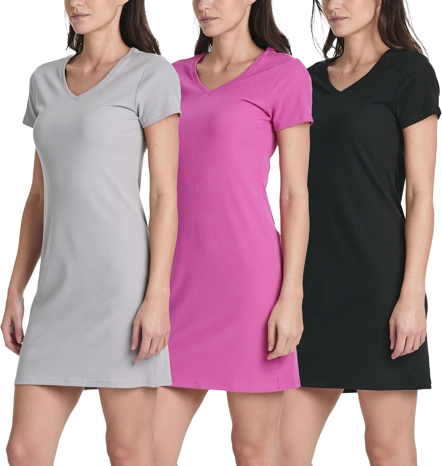 3 Pack: Women's Ribbed Knit Short-Sleeve V-Neck Swing T-Shirt Casual Dress (Available in Plus)