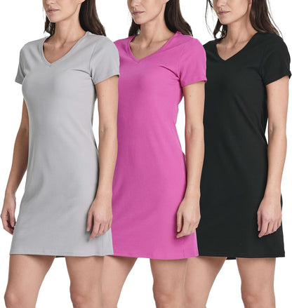 3 Pack: Women's Ribbed Knit Short-Sleeve V-Neck Swing T-Shirt Casual Dress (Available in Plus)