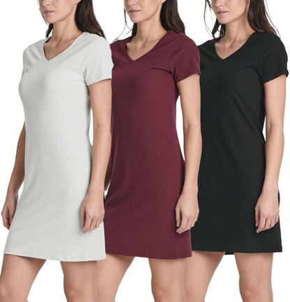 3 Pack: Women's Ribbed Knit Short-Sleeve V-Neck Swing T-Shirt Casual Dress (Available in Plus)