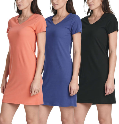 3 Pack: Women's Ribbed Knit Short-Sleeve V-Neck Swing T-Shirt Casual Dress (Available in Plus)