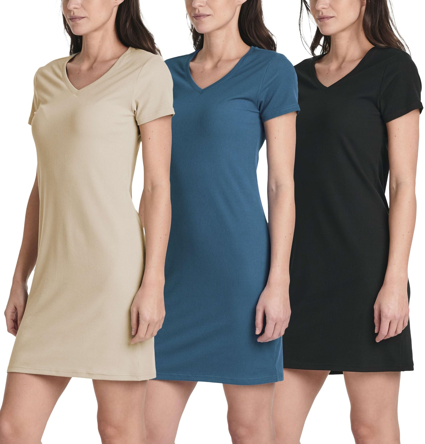 3 Pack: Women's Ribbed Knit Short-Sleeve V-Neck Swing T-Shirt Casual Dress (Available in Plus)