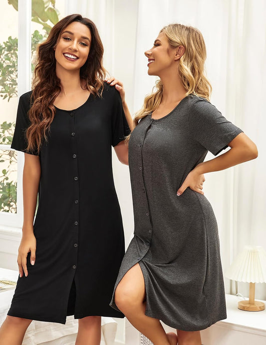 3 Pack Women's Button Down Nightgowns Short Sleeve Night Shirts for Women Sleepwear V Neck Sleep Dress