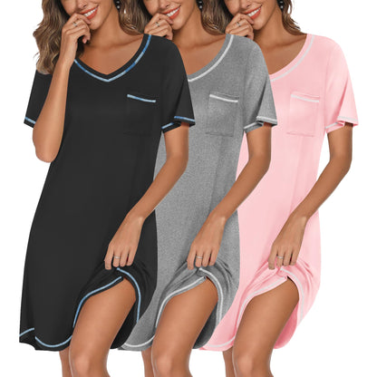 3 Pack Nightgowns for Women Short Sleeve Sleep Shirt Soft Sleepwear | T shirt Nightgown V Neck Nightshirts Soft Sleepwear Dress Ladies Pajama Dress Plus Size Sleeping Gown Comfy Nightdress