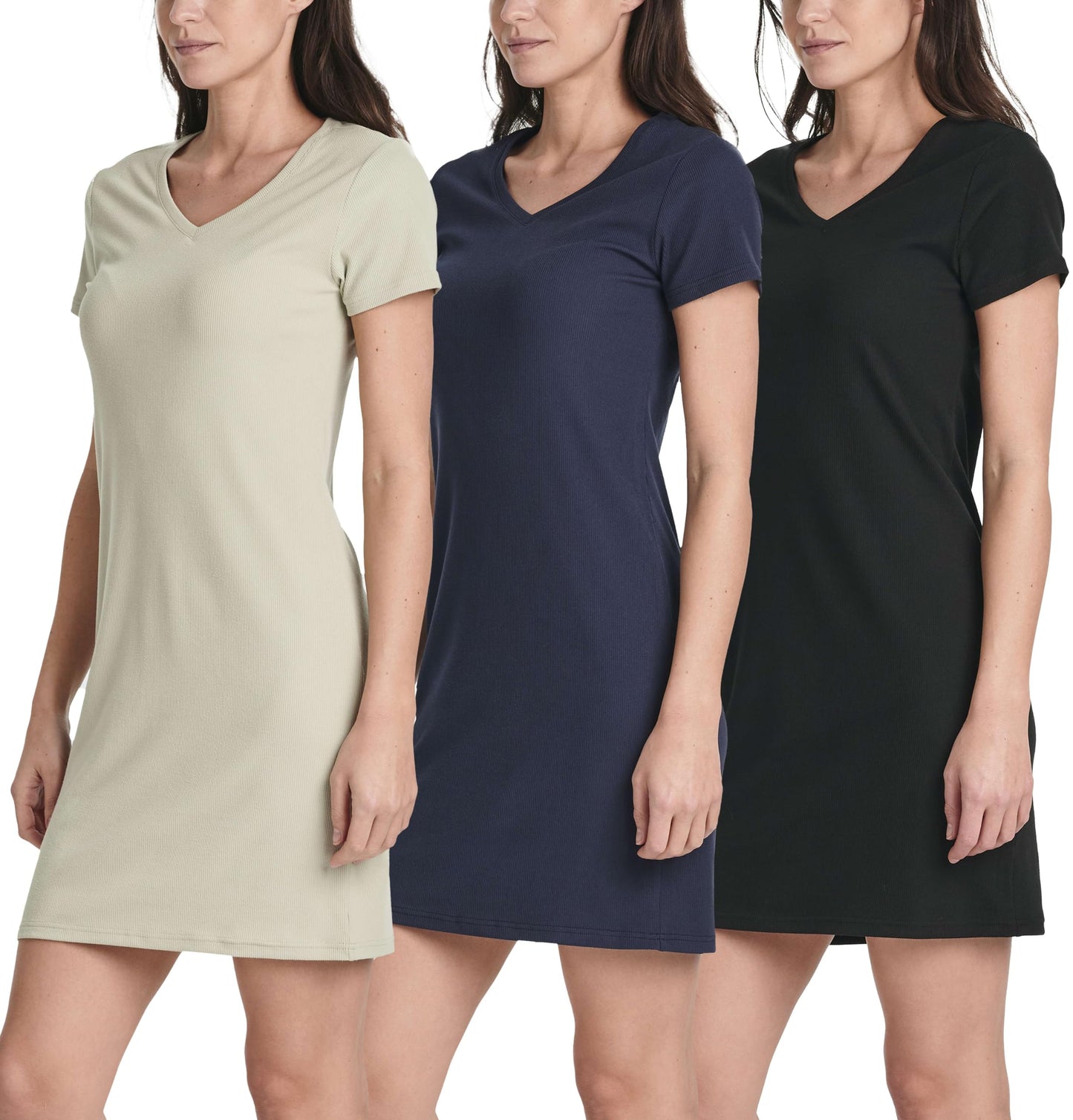 3 Pack: Women's Ribbed Knit Short-Sleeve V-Neck Swing T-Shirt Casual Dress (Available in Plus)