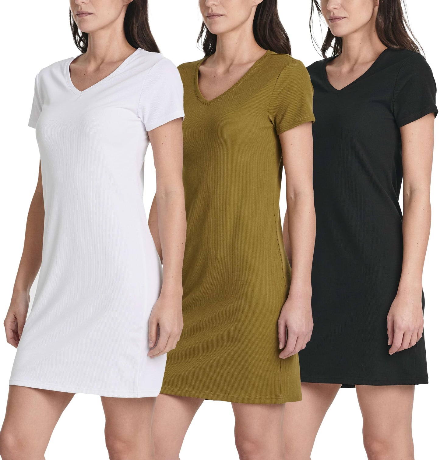 3 Pack: Women's Ribbed Knit Short-Sleeve V-Neck Swing T-Shirt Casual Dress (Available in Plus)