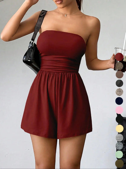 Women's Sleeveless Strapless Jumpsuit, Solid Color, Casual Fitted Short Pants, Multi-Color Basic Summer, Butter Vacation Style, Beach Jumpsuit