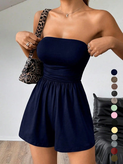 Women's Sleeveless Strapless Jumpsuit, Solid Color, Casual Fitted Short Pants, Multi-Color Basic Summer, Butter Vacation Style, Beach Jumpsuit