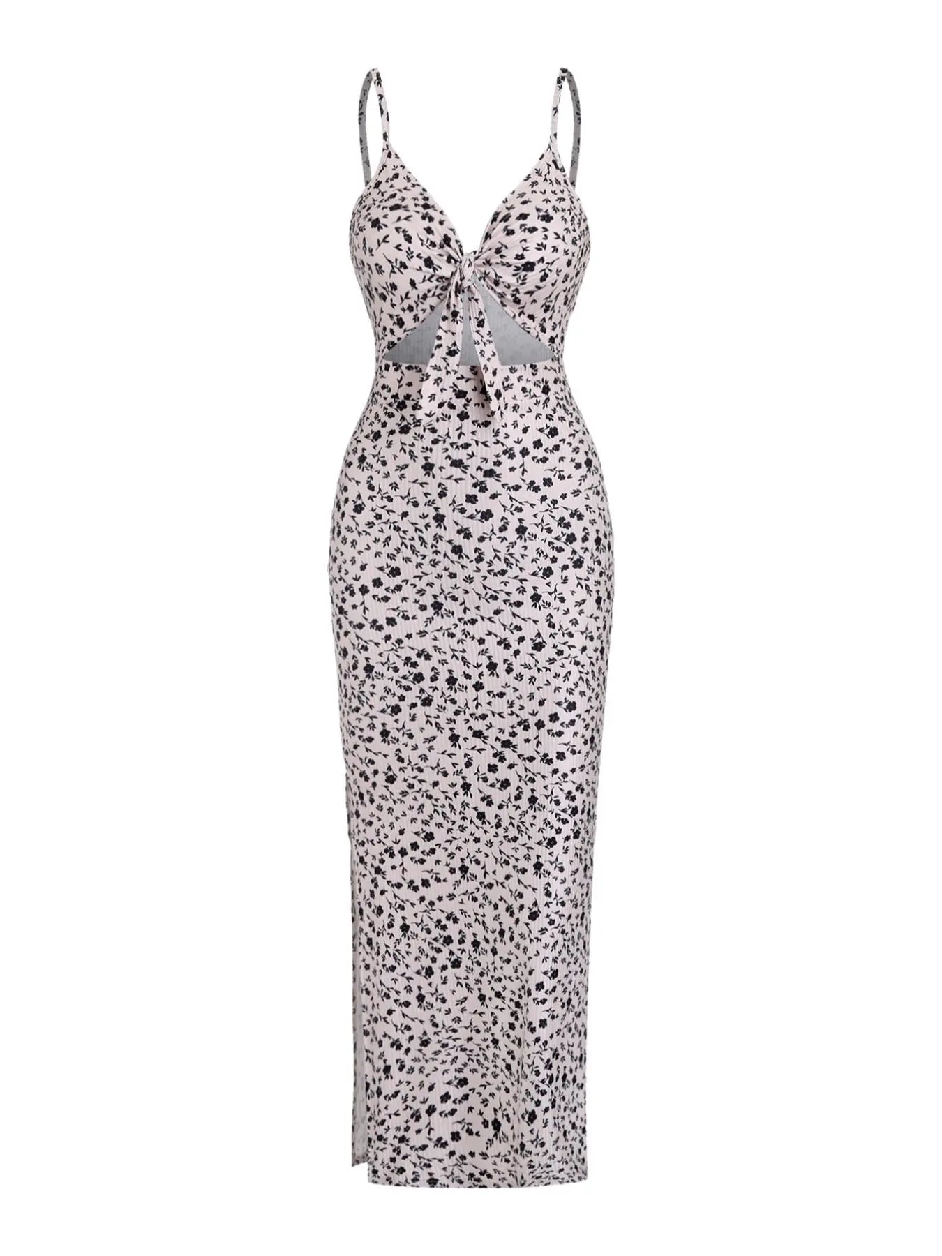 Women's Plain Cut Out Knot Front Split Thigh Bodycon Long Dress, Spaghetti Strap Sleeveless, Summer Clothes Women, Solid Cami Dress, Ladies Casual Summer Evening Party Nightclub Dress