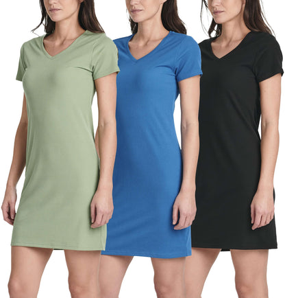 3 Pack: Women's Ribbed Knit Short-Sleeve V-Neck Swing T-Shirt Casual Dress (Available in Plus)