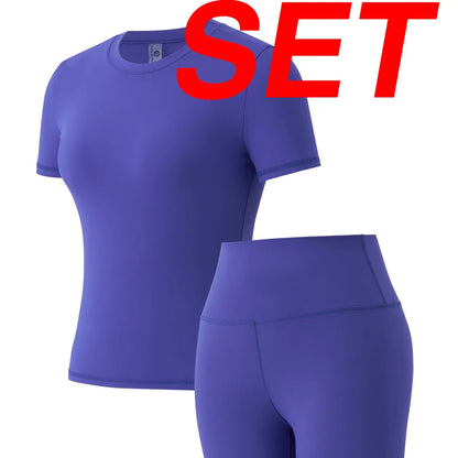 Women's Solid Round Neck Short Sleeve Athletic T-Shirt - 2 Piece Matching Gym Sets, Casual Sportswear for Indoor & Outdoor Fitness, Women's Clothes, Clothing summerwins Try it,travel essentials,camping essentials