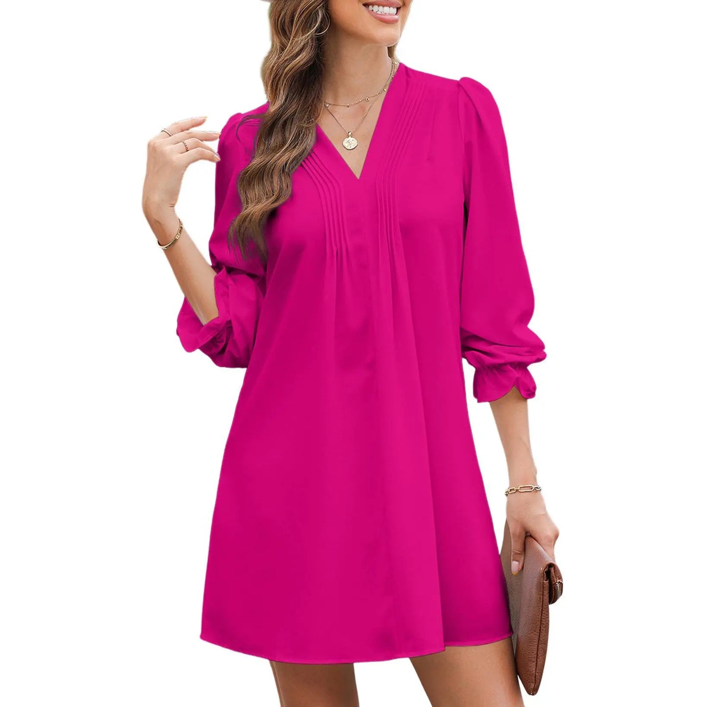 Womens Casual Dress A-Line Ruffle Sleeve V Neck Midi Dress 2026 Fashion Pleated Flowy Sundress Loose Shirt Dresses