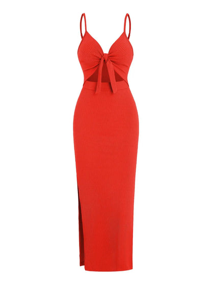 Women's Plain Cut Out Knot Front Split Thigh Bodycon Long Dress, Spaghetti Strap Sleeveless, Summer Clothes Women, Solid Cami Dress, Ladies Casual Summer Evening Party Nightclub Dress
