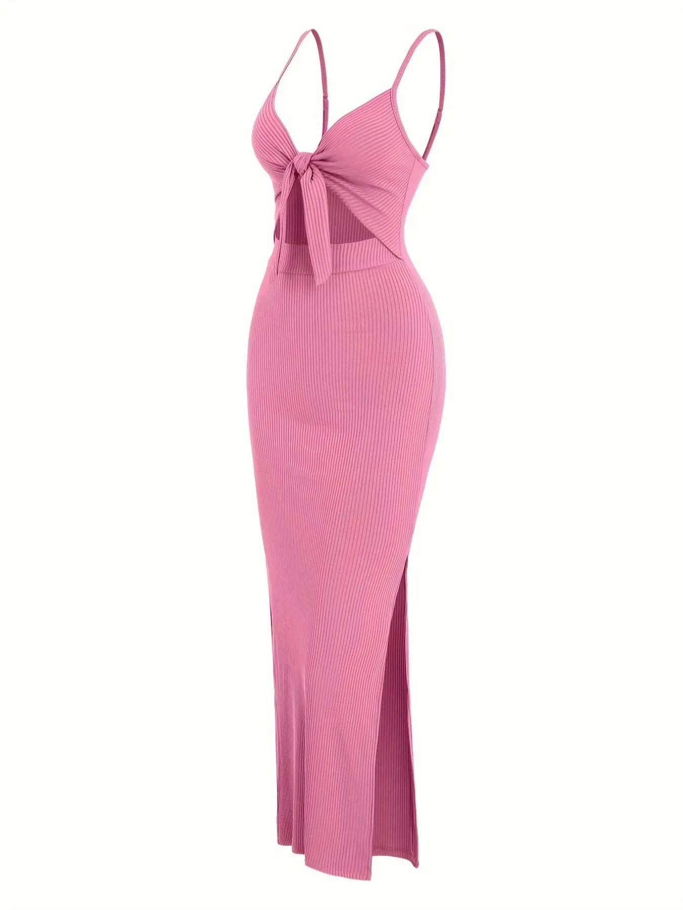 Women's Plain Cut Out Knot Front Split Thigh Bodycon Long Dress, Spaghetti Strap Sleeveless, Summer Clothes Women, Solid Cami Dress, Ladies Casual Summer Evening Party Nightclub Dress