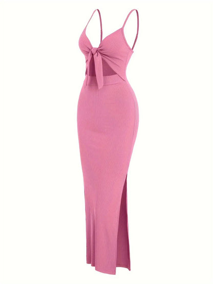 Women's Plain Cut Out Knot Front Split Thigh Bodycon Long Dress, Spaghetti Strap Sleeveless, Summer Clothes Women, Solid Cami Dress, Ladies Casual Summer Evening Party Nightclub Dress