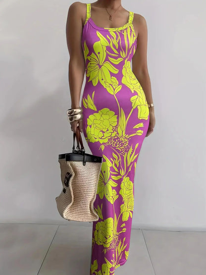 Women's Random Print Bodycon Dress, Elegant Sleeveless Long Dress for Beach Holiday Vacation, Ladies Summer Clothes, Sun Dresses, Casual Wear, Bohemian Sleeveless Dress, Womenswear, Fashion